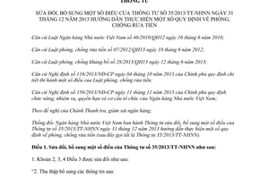 Thông tư 31/2014//TT-NHNN sửa đổi 35/2013/TT-NHNN hướng dẫn phòng chống rửa tiền