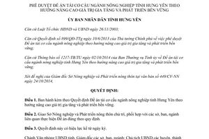 Quyết định 1854/QĐ-UBND 2014 Đề án tái cơ cấu ngành nông nghiệp Hưng Yên nâng cao giá trị gia tăng