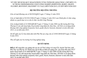 Quyết định 10294/QĐ-BCT năm 2014 bổ sung Quy hoạch phân vùng thăm dò khai thác khoáng chất công nghiệp