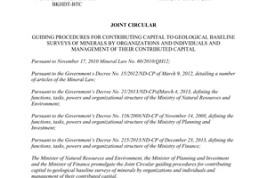 Joint circular No. 61/2014/TTLT-BTNMT-BKHDT-BTC contributing capital geological baseline surveys of minerals