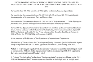 Circular No. 169/2014/TT-BTC promulgating Vietnam’s special preferential import