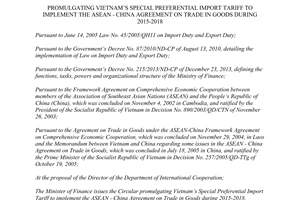 Circular No. 166/2014/TT-BTC promulgating Vietnam’s special preferential import tariff
