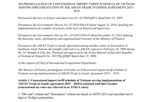 Circular No. 165/2014/TT-BTC concessional import tariff schedule of Vietnam