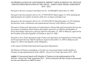 Circular No. 167/2014/TT-BTC concessional import tariff schedule of Vietnam