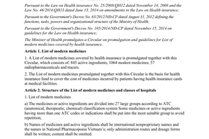 Circular No. 40/2014/TT-BYT promulgation guidelines list of modern medicines covered by health insurance