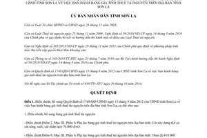 Quyết định 3151/QĐ-UBND 2014 điều chỉnh 1748/QĐ-UBND bảng giá tính thuế tài nguyên Sơn La