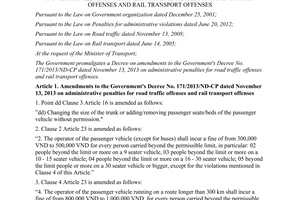Decree No. 107/2014/ND-CP amendments to 171/2013/ND-CP penalties for road traffic offenses rail transport