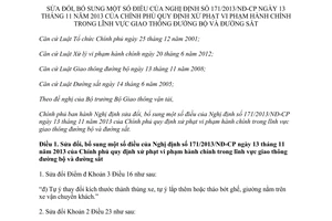 Nghị định 107/2014/NĐ-CP sửa đổi 171/2013/NĐ-CP xử phạt vi phạm hành chính giao thông đường bộ đường sắt