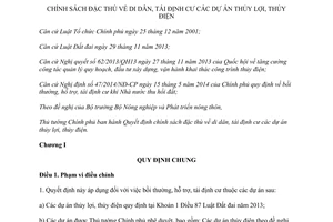 Quyết định 64/2014/QĐ-TTg chính sách đặc thù di dân tái định cư các dự án thủy lợi thủy điện