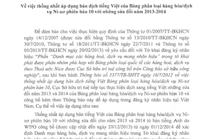 Thông báo 9694/TB-SHTT 2014 thống nhất bản dịch tiếng việt bảng phân loại hàng hóa/dịch vụ Ni-xơ 10