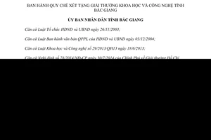 Quyết định 781/2014/QĐ-UBND Quy chế xét tặng Giải thưởng Khoa học Công nghệ Bắc Giang