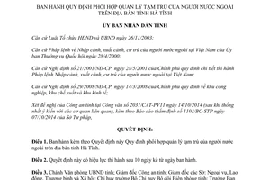 Quyết định 80/2014/QĐ-UBND Quy định phối hợp quản lý tạm trú người nước ngoài Hà Tĩnh