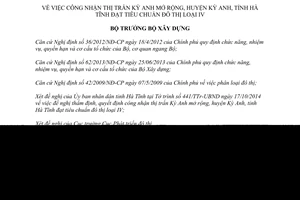 Quyết định 1379/QĐ-BXD 2014 công nhận thị trấn Kỳ Anh mở rộng đạt tiêu chuẩn đô thị loại IV