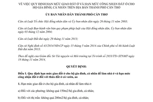 Quyết định 18/2014/QĐ-UBND hạn mức giao công nhận đất ở hộ gia đình cá nhân Cần Thơ