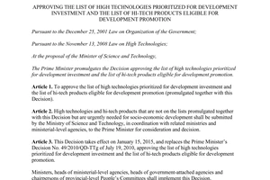 Decision No. 66/2014/QD-TTg the list of high technologies hi-tech products eligible development promotion