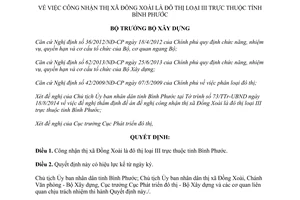 Quyết định 1388/QĐ-BXD năm 2014 công nhận thị xã Đồng Xoài đô thị loại III thuộc Bình Phước