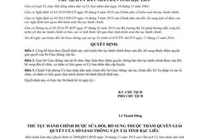 Quyết định 2000/QĐ-UBND 2014 thủ tục hành chính thuộc thẩm quyền Sở Giao thông vận tải tỉnh Bạc Liêu