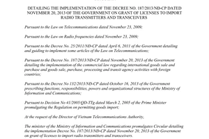 Circular No. 18/2014/TT-BTTTT detailing 187/2013/ND-CP licenses to import radio transmitters transceivers