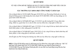 Quyết định 216/QĐ-K2ĐT năm 2014 Hệ thống quản lý chất lượng phù hợp Tiêu chuẩn Quốc gia TCVN ISO 9001:2008