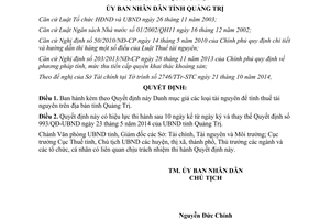 Quyết định 43/2014/QĐ-UBND quy định giá tài nguyên để tính thuế tài nguyên Quảng Trị