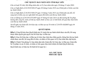 Quyết định 2010/QĐ-UBND 2014 thủ tục hành chính thuộc thẩm quyền Sở Giáo dục Đào tạo tỉnh Bạc Liêu