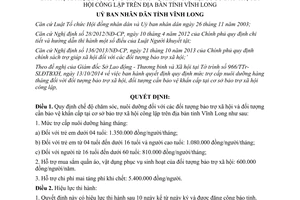 Quyết định 23/2014/QĐ-UBND chế độ đối tượng bảo trợ xã hội và đối tượng cần bảo vệ khẩn cấp Vĩnh Long