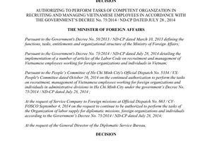 Decision No. 3750/QĐ-BNG authorizing to perform tasks of recruiting and managing Vietnamese employees