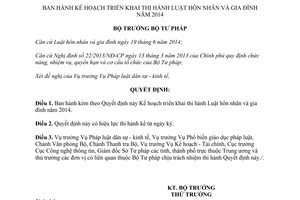 Quyết định 3176/QĐ-BTP năm 2014 Kế hoạch triển khai thi hành Luật hôn nhân gia đình