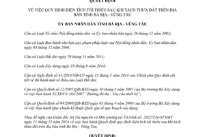 Quyết định 59/2014/QĐ-UBND diện tích tối thiểu sau khi tách thửa đất Bà Rịa Vũng Tàu