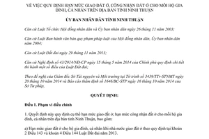 Quyết định 93/2014/QĐ-UBND hạn mức giao đất ở công nhận đất ở hộ gia đình cá nhân Ninh Thuận