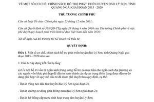 Quyết định 1995/QĐ-TTg năm 2014 hỗ trợ phát triển huyện đảo Lý Sơn Quảng Ngãi 2015 2020