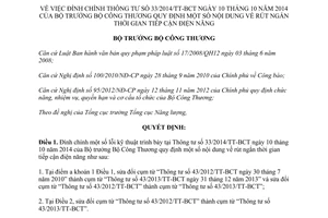 Quyết định 10012/QĐ-BCT năm 2014 đính chính 33/2014/TT-BCT rút ngắn thời gian tiếp cận điện năng