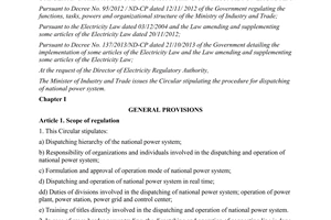 Circular No. 40/2014/TT-BCT stipulating the procedure for dispatching of national power system