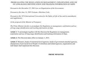 Decision No. 62/2014/QD-TTg Regulation on management exploitation tracking information of ships
