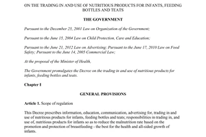 Decree No. 100/2014/ND-CP on the trading in and use of nutritious products for infants feeding bottles teats