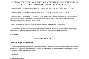 Circular No. 30/2014/TT-NHNN offer acceptance trusteeship performed credit institutions foreign bank branches