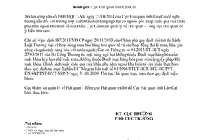 Công văn 1456/GSQL-TH 2014 xuất khẩu hàng hóa có nguồn gốc nhập khẩu qua cửa khẩu phụ