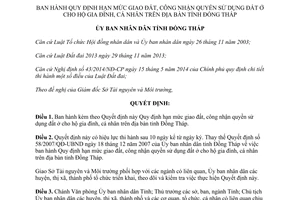 Quyết định 31/2014/QĐ-UBND hạn mức giao đất công nhận quyền sử dụng đất ở hộ gia đình cá nhân Đồng Tháp