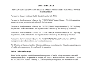 Joint Circular No. 71/2014/TTLT/BGTVT-BTC costs of traffic safety assessment for road works in operation