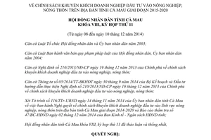 Nghị quyết 18/2014/NQ-HĐND chính sách khuyến khích doanh nghiệp đầu tư nông nghiệp nông thôn Cà Mau