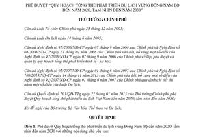 Quyết định 2351/QĐ-TTg 2014 Quy hoạch tổng thể phát triển du lịch vùng Đông Nam Bộ 2020 tầm nhìn 2030