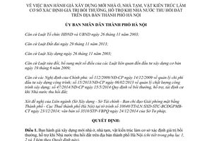 Quyết định 95/2014/QĐ-UBND giá xây dựng mới nhà ở cơ sở xác định giá bồi thường thu hồi đất Hà Nội