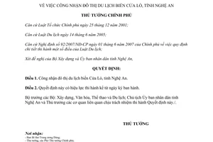 Quyết định 2355/QĐ-TTg năm 2014 công nhận đô thị du lịch biển Cửa Lò tỉnh Nghệ An