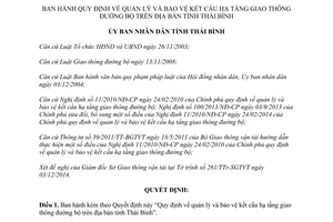 Quyết định 33/2014/QĐ-UBND quản lý và bảo vệ kết cấu hạ tầng giao thông đường bộ Thái Bình