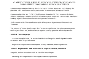 Circular No. 50/2014/TT-BYT classification of surgeries medical procedures personnel norms