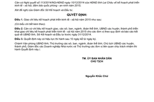 Quyết định 39/2014/QĐ-UBND chỉ tiêu kế hoạch phát triển kinh tế xã hội năm 2015 Lai Châu