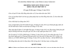Nghị quyết 21/2014/NQ-HĐND Chương trình việc làm Cà Mau 2015
