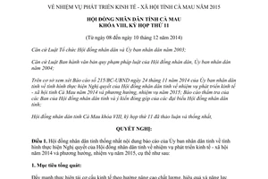 Nghị quyết 12/2014/NQ-HĐND nhiệm vụ phát triển kinh tế xã hội Cà Mau 2015