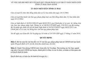 Quyết định 1862/QĐ-UBND 2014 bãi bỏ văn bản quy phạm pháp luật Cà Mau