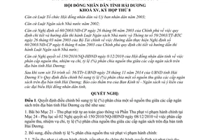 Nghị quyết 88/2014/NQ-HĐND15 điều chỉnh bổ sung tỷ lệ phân chia nguồn thu giữa các cấp ngân sách Hải Dương